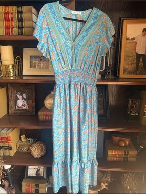 Lapogee Blue and Orange Floral Maxi Dress xl